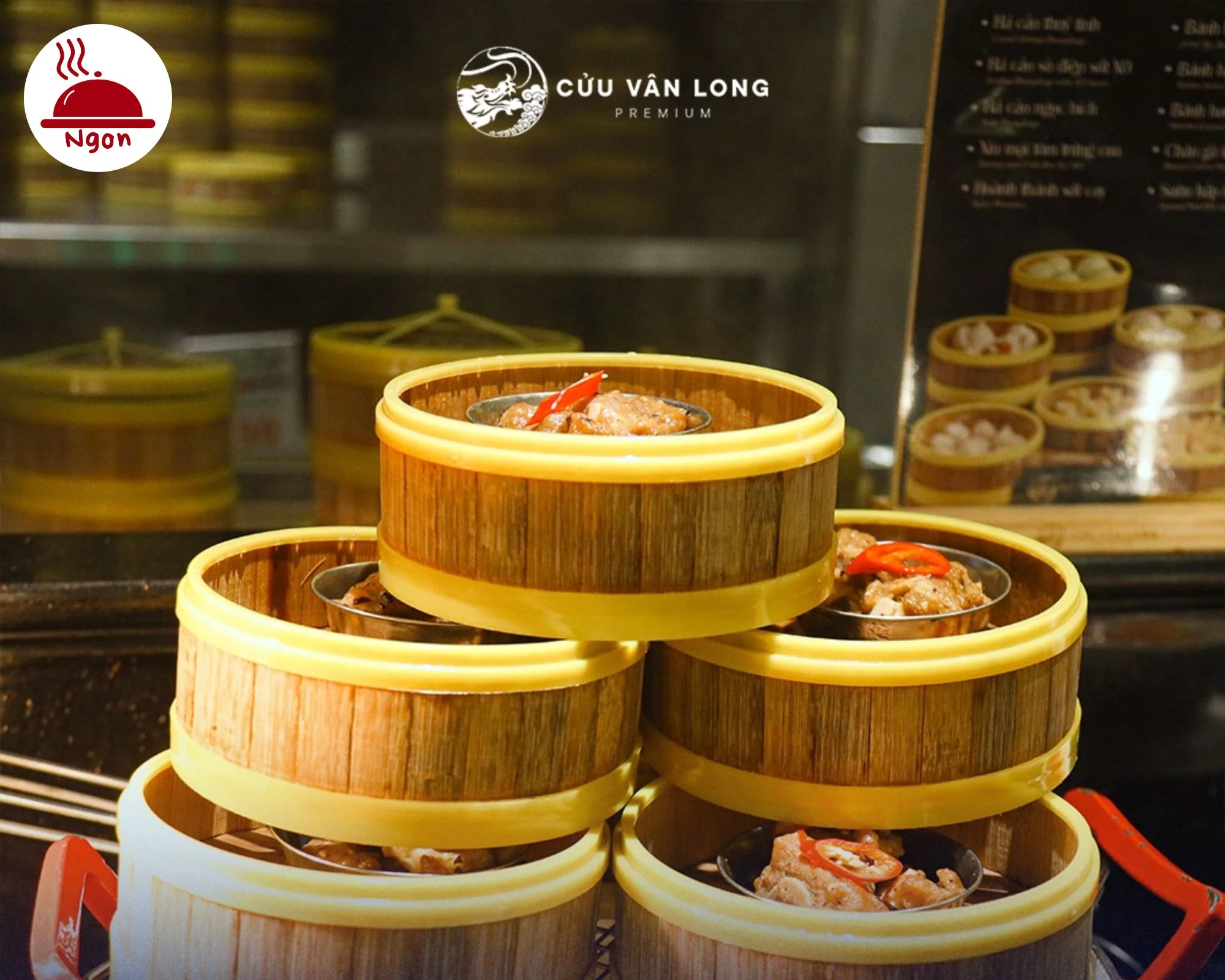 Menu quầy Dimsum Buffet Cửu Vân Long với há cảo tôm, xíu mại và bánh bao kim sa
