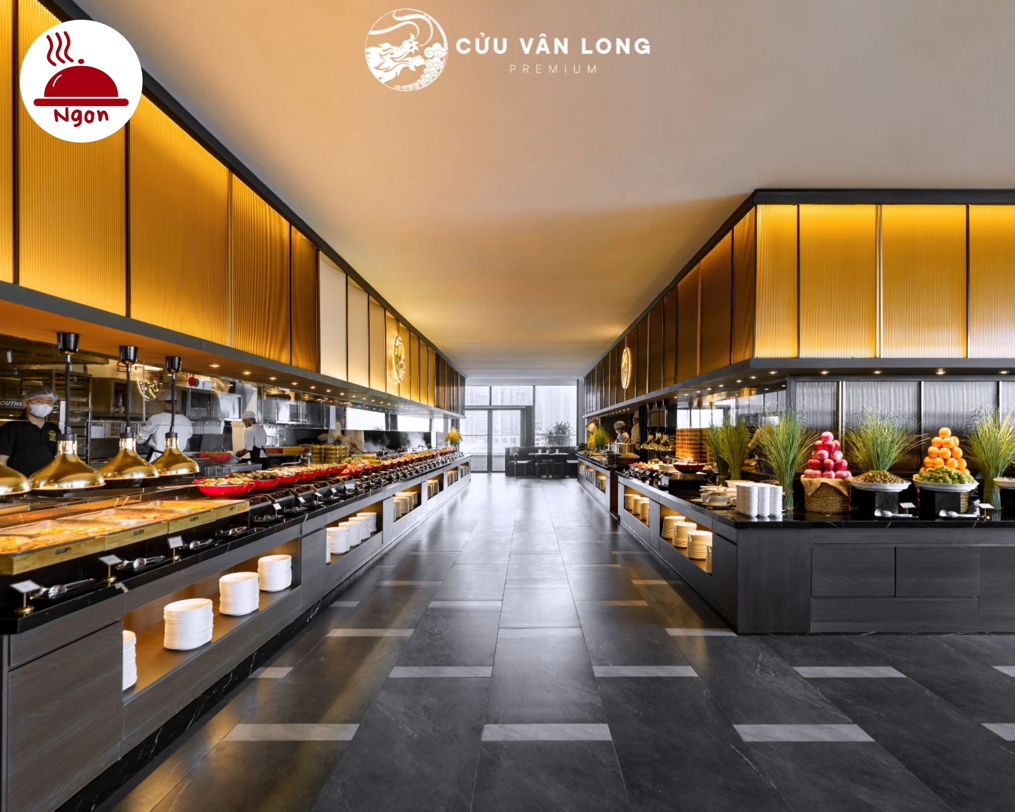 Thiết kế nội thất đẳng cấp với ánh sáng vàng ấm cúng tại nhà hàng Cửu Vân Long