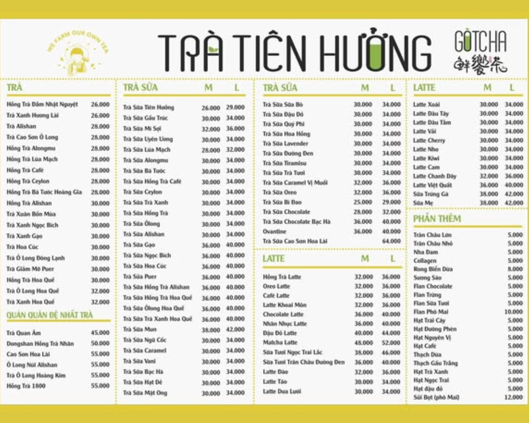 Bảng giá menu Trà Tiên Hưởng Gotcha gồm trà sữa, latte, trà nguyên chất và hơn 20 loại topping hấp dẫn như trân châu, sương sáo, flan