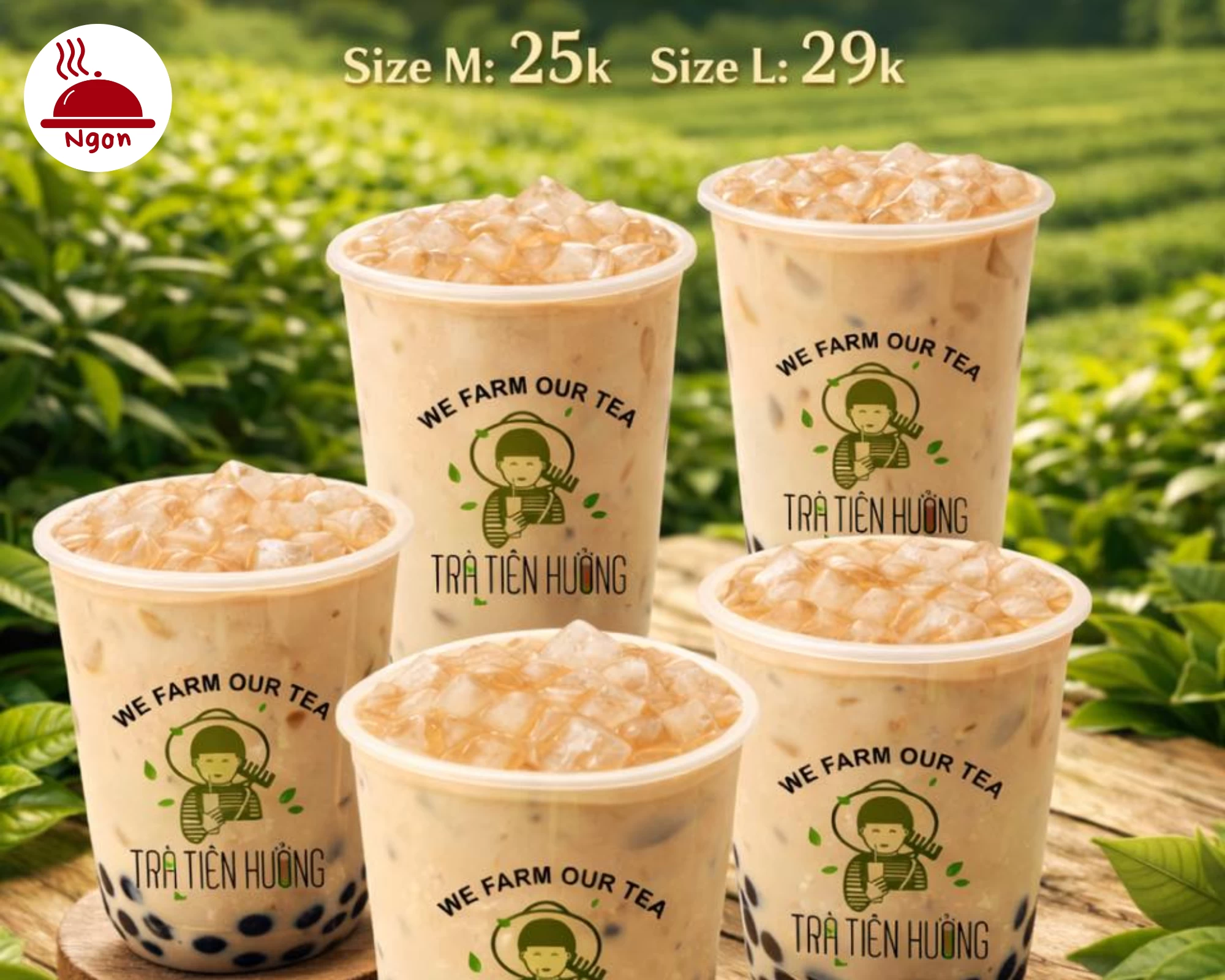 Hình ảnh ly Trà sữa Gotcha đậm vị trà núi cao với slogan "We Farm Our Tea" – Thương hiệu Trà Sữa Quận 1 nổi tiếng uy tín