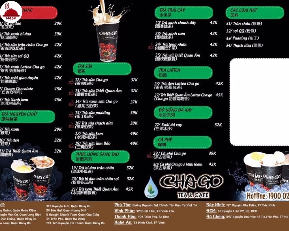 Menu quán ChaGo Tea & Caf’e