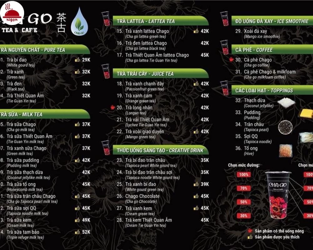 Menu quán ChaGo Tea & Caf’e