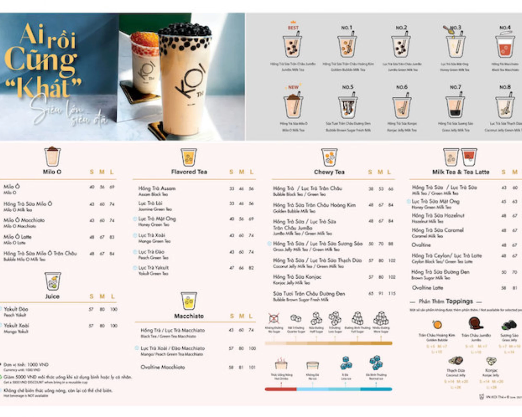 Thực đơn trà sữa KOI Thé nổi tiếng với Hồng trà sữa trân châu Jumbo, Lục trà sữa mật ong và các loại topping đặc sắc như thạch dừa, sương sáo