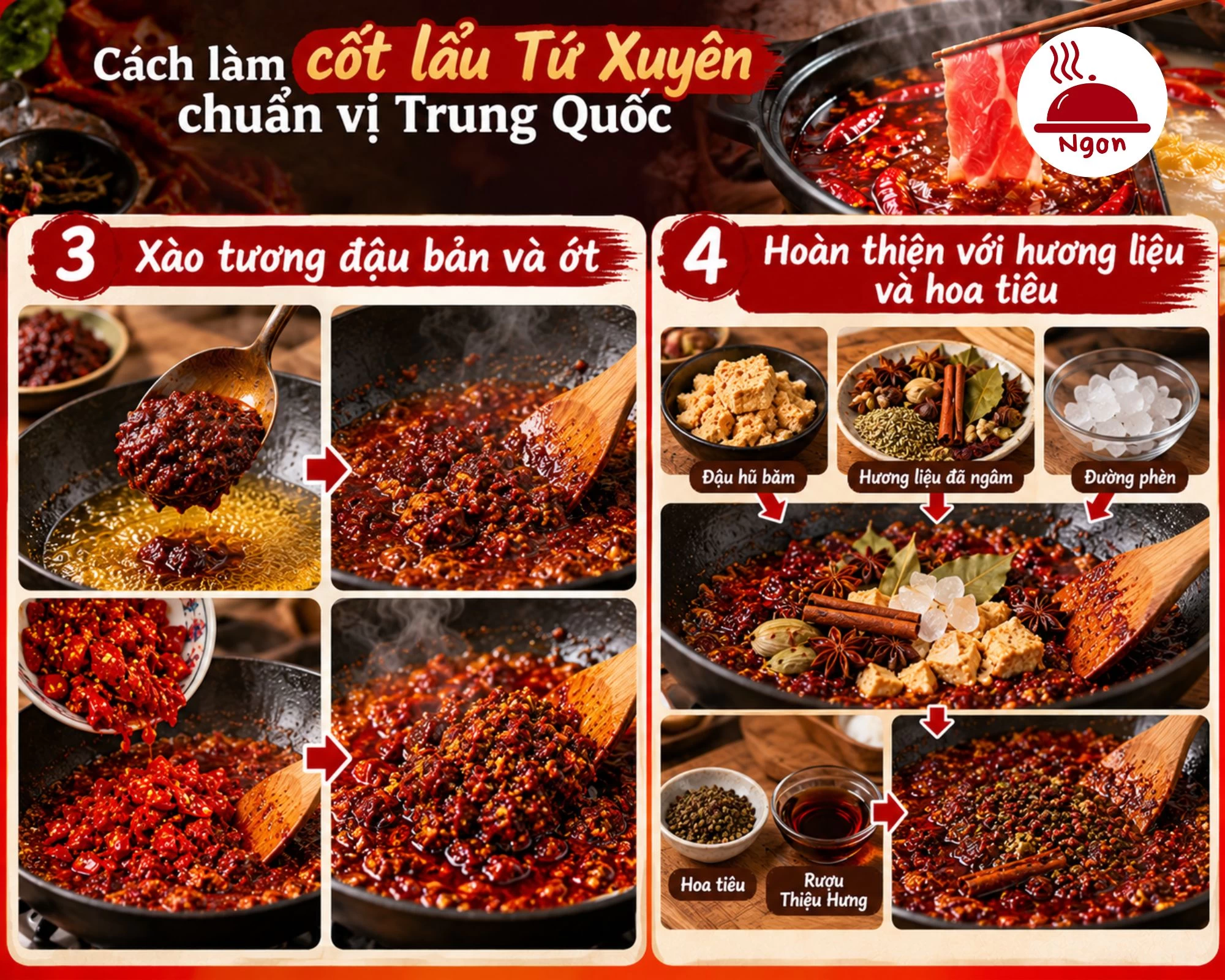 Xào tương đậu bản và ớt và hoàn thiện với hương liệu và hoa tiêu