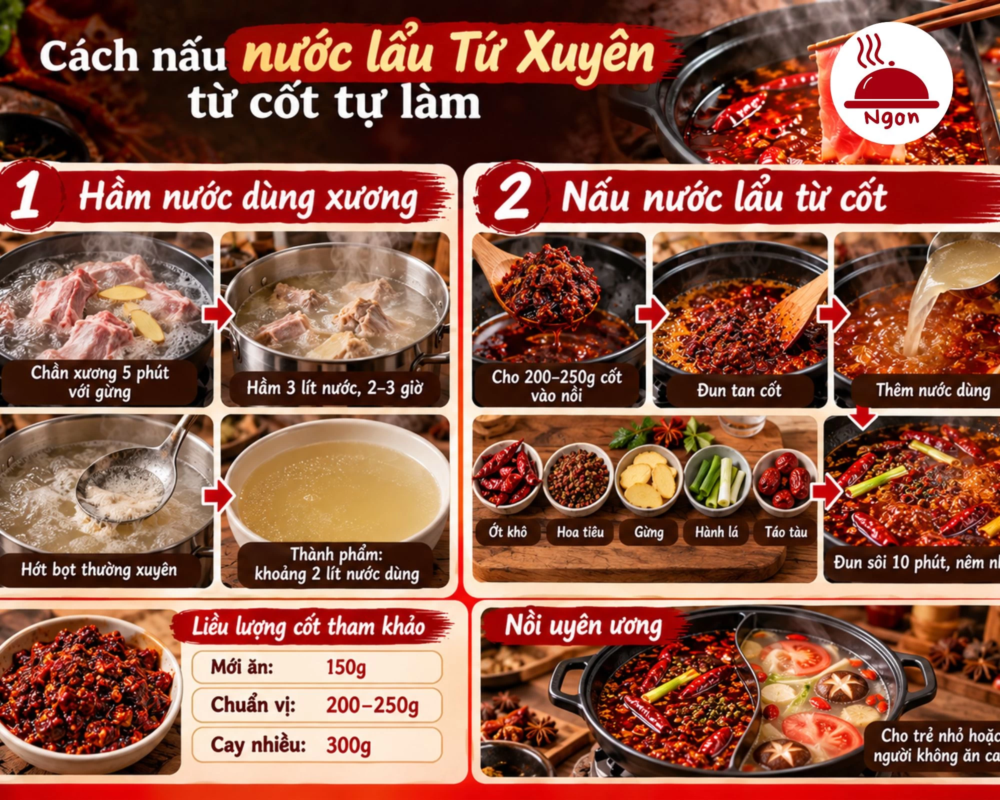 Cách nấu nước lẩu Tứ Xuyên từ cốt tự làm