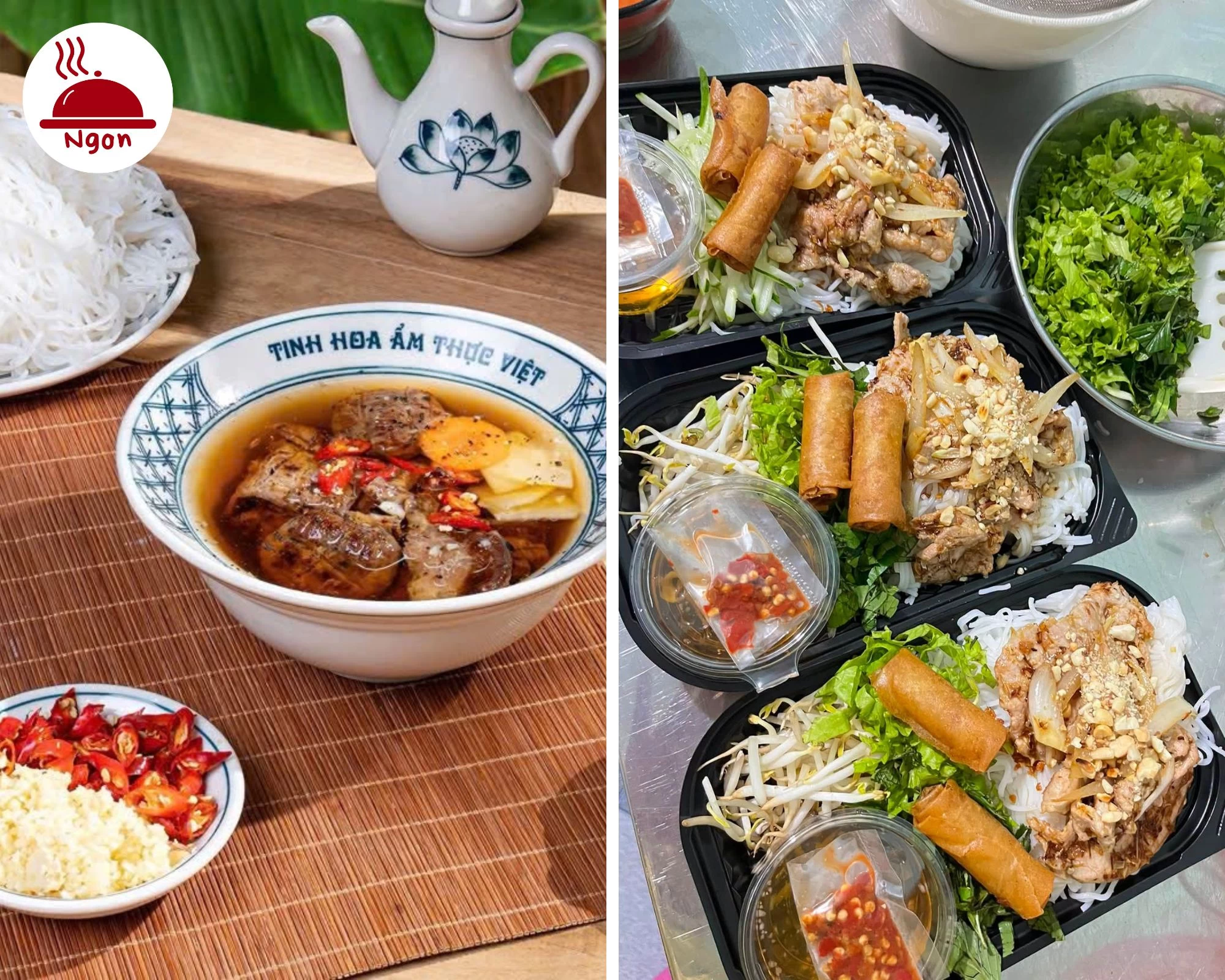 Hình ảnh so sánh sự khác biệt giữa bún chả Hà Nội truyền thống và bún chả giò miền Nam